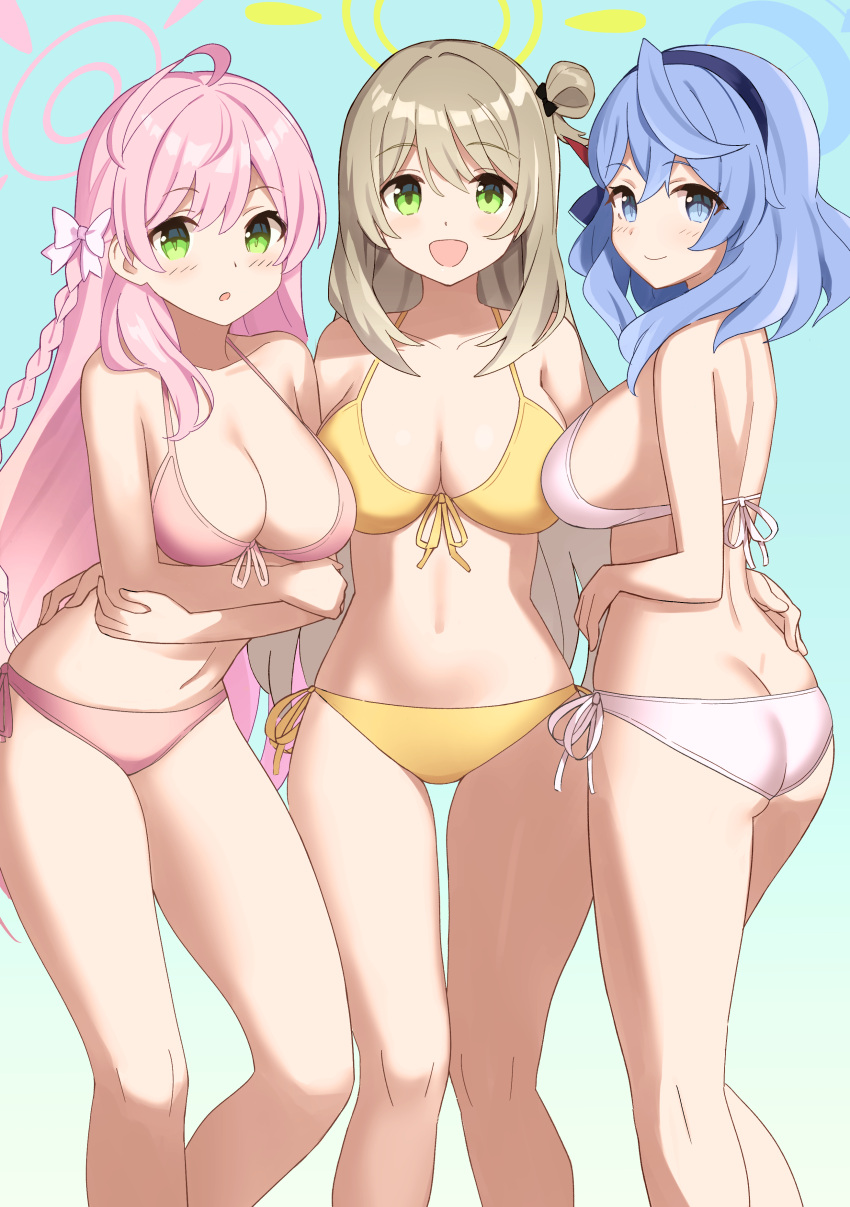 3_girls :d :o absurd_res ahoge ako_(blue_archive) ass big_breasts bikini black_bow blue_archive blue_eyes blue_hair blue_hairband bow braid breasts brown_hair butt_crack crossed_arms female_only front-tie_bikini_top front-tie_top glastonbury1966 gradient_background green_eyes hair_bow hair_bun hairband halo hanako_(blue_archive) hand_on_another's_hip high_res leaning_forward long_hair looking_at_viewer multiple_girls navel nonomi_(blue_archive) nonomi_(swimsuit)_(blue_archive) pink_bikini pink_hair side-tie_bikini_bottom side_braid sideboob single_side_bun smile standing stomach swimsuit thighs very_long_hair white_bikini white_bow yellow_bikini