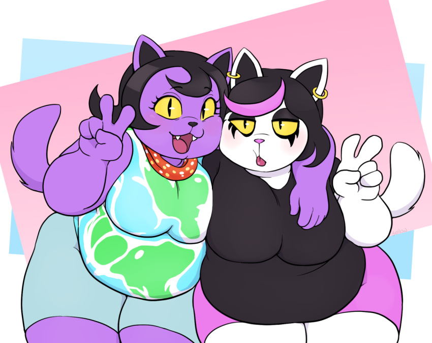 2010s 2018 2_girls 2d 2d_(artwork) 2girls anthro anthro_only arm_around_shoulder arm_over_shoulder blep breasts cat cat_paws catti_(deltarune) catty_(undertale) chubby chubby_anthro chubby_female clothed deltarune digital_media_(artwork) domestic_cat duo earring earrings felid feline felis female_only furry furry_female furry_only open_mouth overweight overweight_anthro overweight_female purple_body purple_fur sisters slit_pupils tail tongue_out undertale undertale_(series) v v_sign video_game_character video_games white_body white_fur yellow_sclera yellowhellion