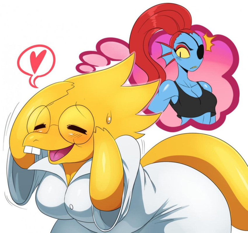 2_girls 2d 2d_(artwork) 2girls alphyne alphys alphys_(undertale) anthro anthro_only ass big_ass big_breasts blue_skin blush bra breasts butt_crack chubby chubby_female cleavage closed_eyes clothed coat cute digital_media_(artwork) dinosaur duo eyepatch fantasizing female female_anthro female_only fish fish_girl fully_clothed glasses heart huge_ass lab_coat lizard lizard_girl monster monster_girl monsters mostly_clothed no_bra no_bra_under_clothes no_panties non-mammal_breasts open_mouth red_hair reptile reptile_girl scalie spoken_heart sssonic2 sweat sweatdrop sweating tail thick_thighs thinking tongue undertale undertale_(series) undyne video_game_character video_games white_background wholesome wide_hips yellow_eyes yellow_skin yuri