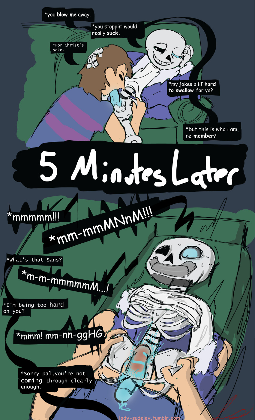2boys animated_skeleton blue_hoodie blue_jacket blue_penis bottom_sans brown_hair closed_eyes comic_sans couch couch_sex dubious_consent ectopenis fellatio frans_(ship) frisk frisk_(undertale) hooded_jacket hoodie human human_penetrating jacket joke lady_sudeley male/male male_frisk male_human male_only on_couch on_sofa penetrating_pov penetration penetrator_pov penis pun questionable_consent sans sans_(undertale) skeleton sofa tape tape_gag taped_mouth text tumblr_username uke_sans undertale undertale_(series) yaoi