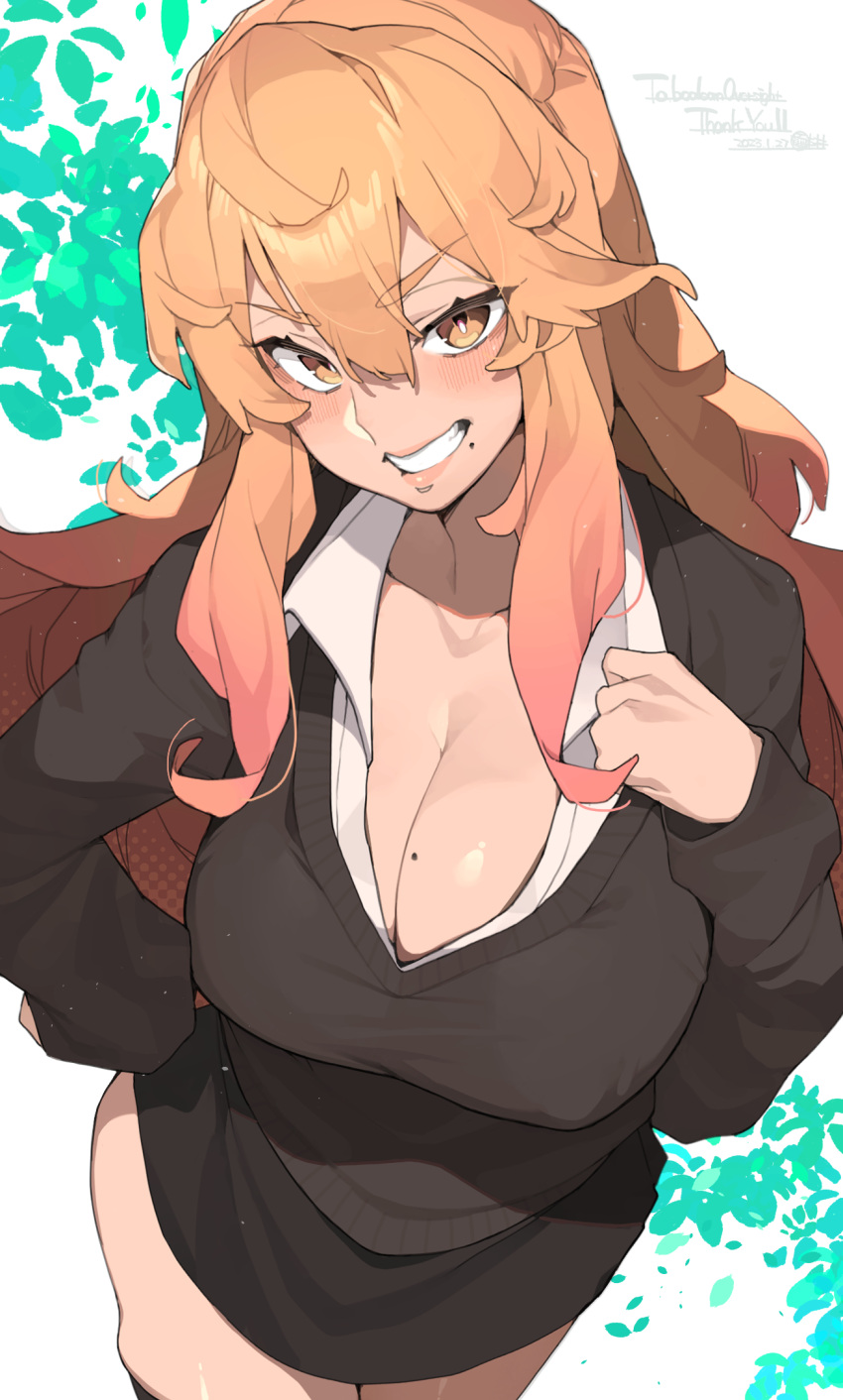 1girl 1girl big_breasts black_shirt blush breasts cleavage commission english_text hair_between_eyes hand_on_own_hip high_res lips lipstick long_hair makeup makingtawawa mole mole_on_breast orange_eyes orange_hair original shirt skeb_commission smile