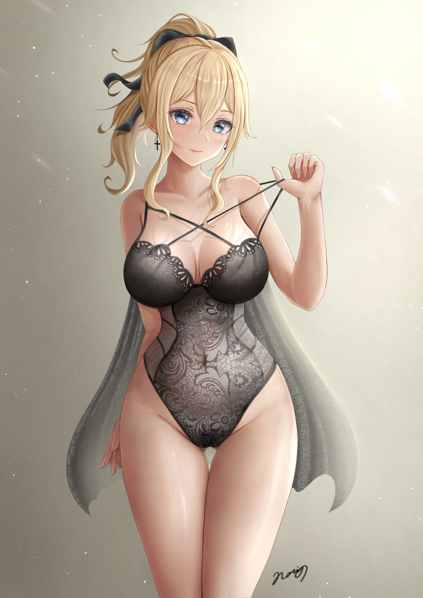 1girl 2022 alluring big_breasts black_lingerie blonde_female blonde_hair blue_eyes blush bow bow_in_hair breasts female_only genshin_impact highleg hips jean_gunnhildr light-skinned_female light_skin lingerie looking_at_viewer medium_hair norino ponytail simple_background slim_waist thick_thighs thigh_gap thighs wide_hips