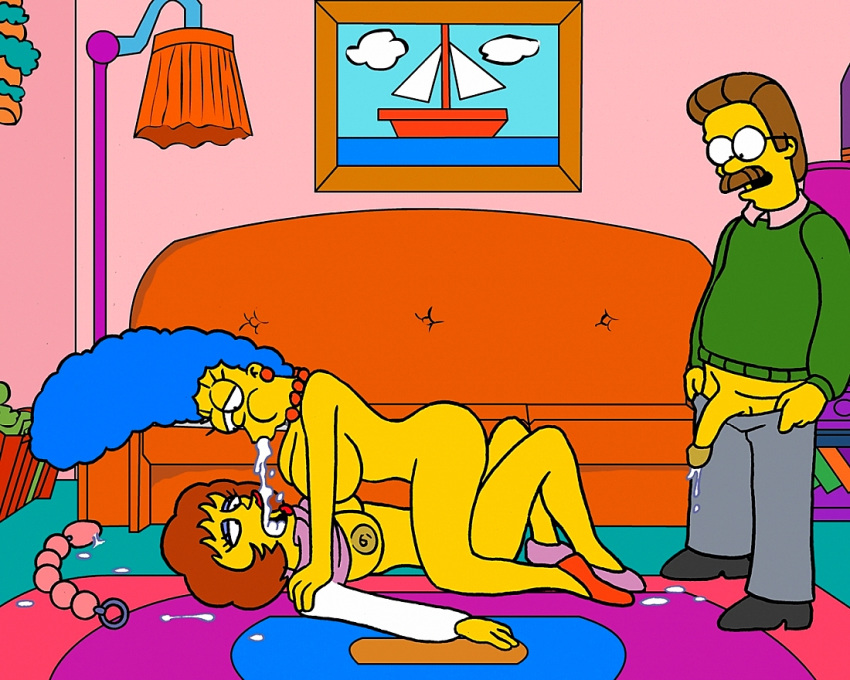 1boy 2girls after_sex cartoonvalley.com cum_in_mouth cum_swap group_sex hanging_breasts huge_breasts husband_and_wife marge_simpson maude_flanders ned_flanders penis spitting_cum the_simpsons yellow_skin