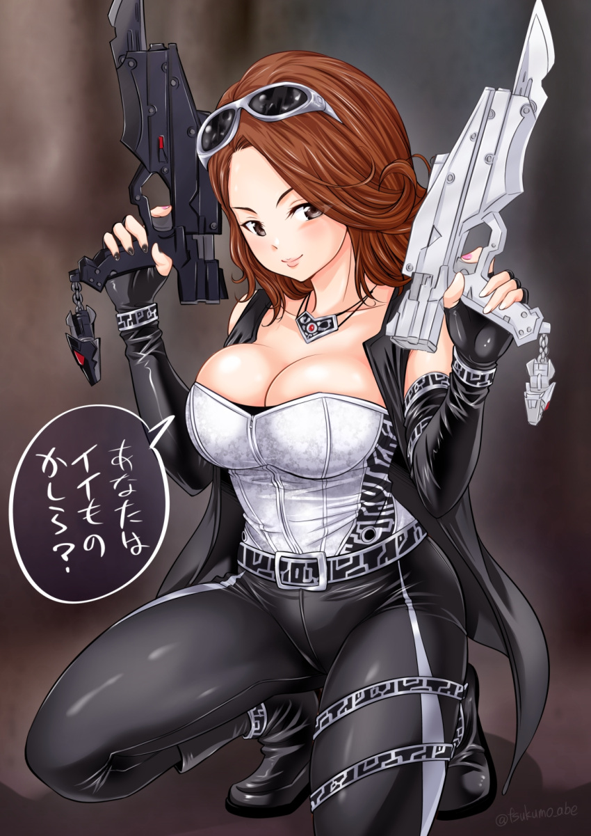 abe_tsukumo alluring blaster blue_eyes brown_hair cleavage clothed escape_(go-busters) super_sentai tokumei_sentai_go-busters