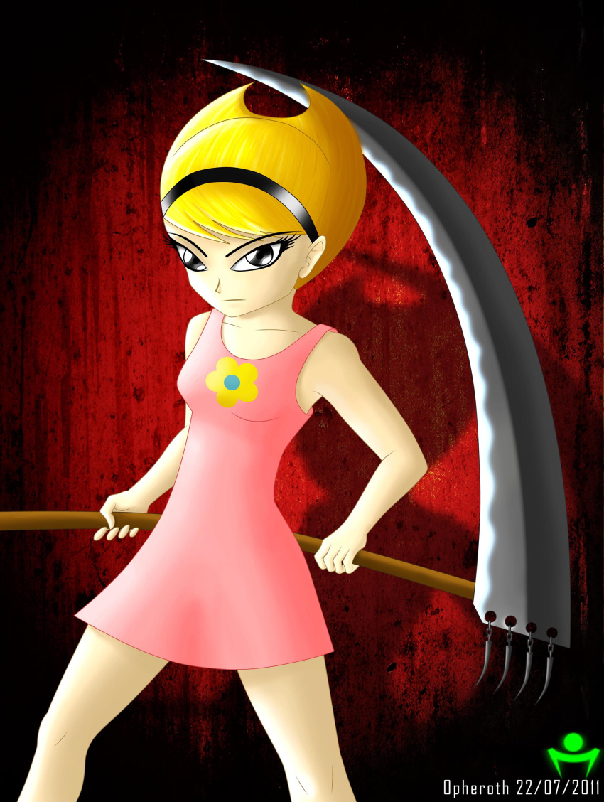black_eyes blonde_hair breasts mandy scythe solo the_grim_adventures_of_billy_and_mandy weapon