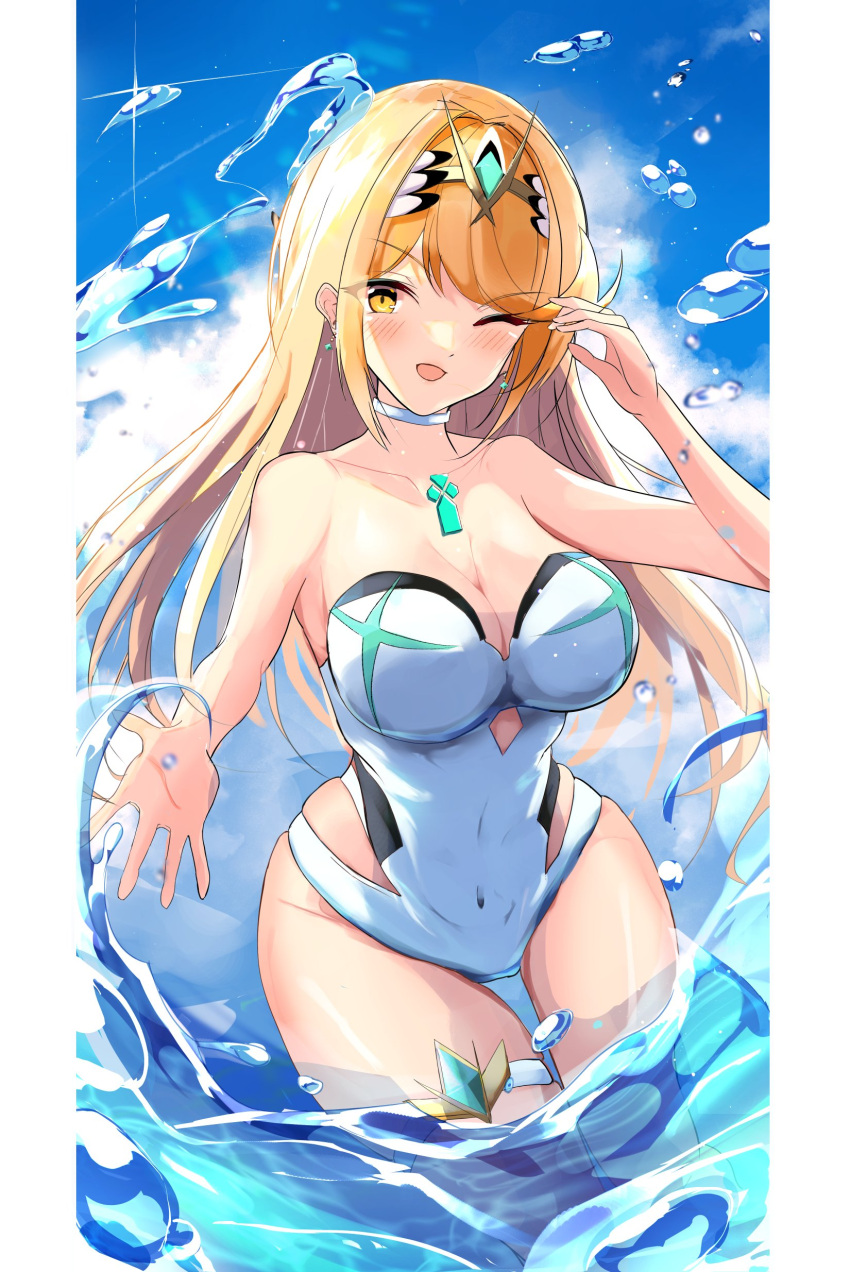 1girl absurd_res adapted_costume alluring big_breasts blonde_hair chest_jewel headpiece high_res karuushi long_hair mythra mythra_(radiant_beach)_(xenoblade) nintendo ocean one-piece_bikini one-piece_swimsuit swept_bangs swimsuit tiara very_long_hair water white_one-piece_bikini white_one-piece_swimsuit xenoblade_(series) xenoblade_chronicles_2 yellow_eyes