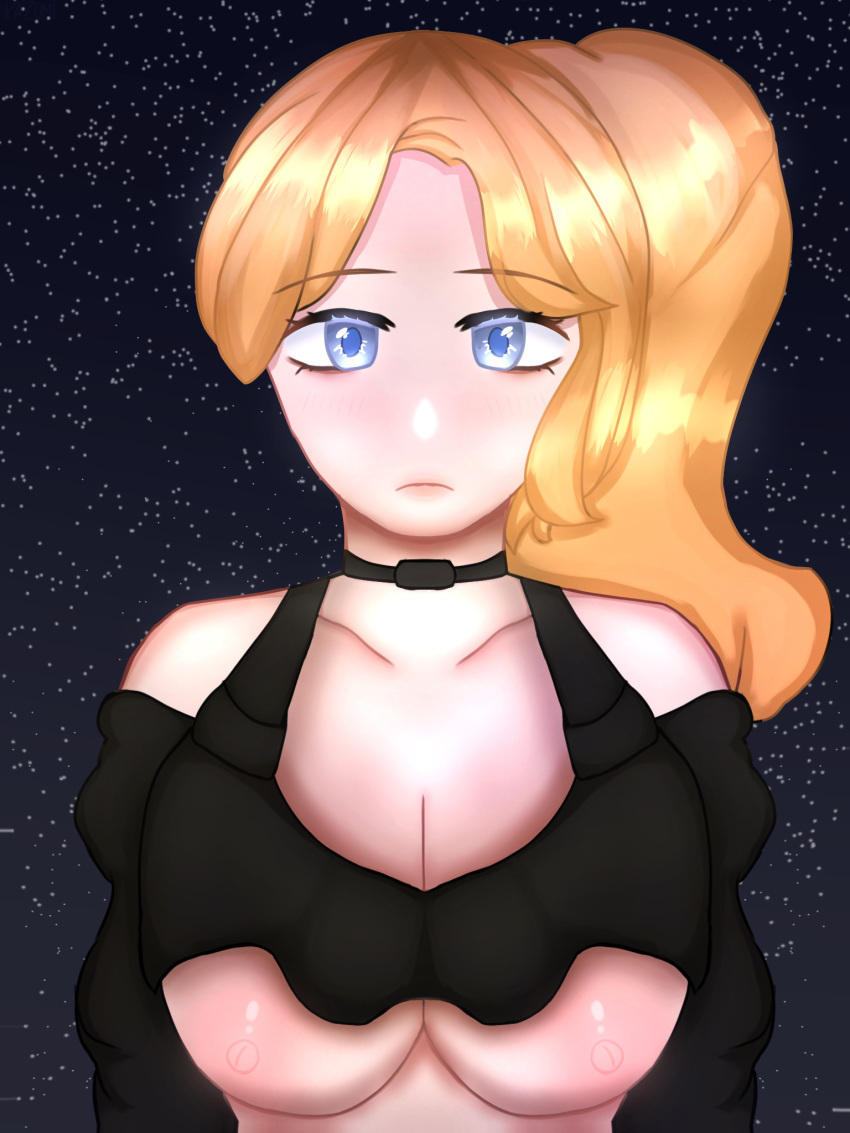 1girl alternate_costume big_breasts blonde_hair blue_eyes breasts choker eyebrows eyeshadow female_focus high_res kazumiart_(kazuartmi) looking_at_viewer makeup my_story_animated night night_sky nipples official_alternate_costume ponytail sasha_(my_story_animated) sky star_(sky) star_(symbol) starry_background starry_sky upper_body