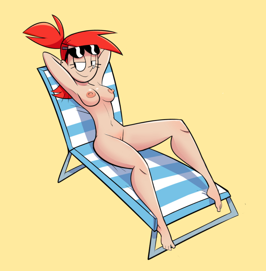 1girl breasts earrings feet foster's_home_for_imaginary_friends frankie_foster hairless_pussy herny nude ponytail pussy red_hair shiny shiny_skin smile sunglasses yellow_background