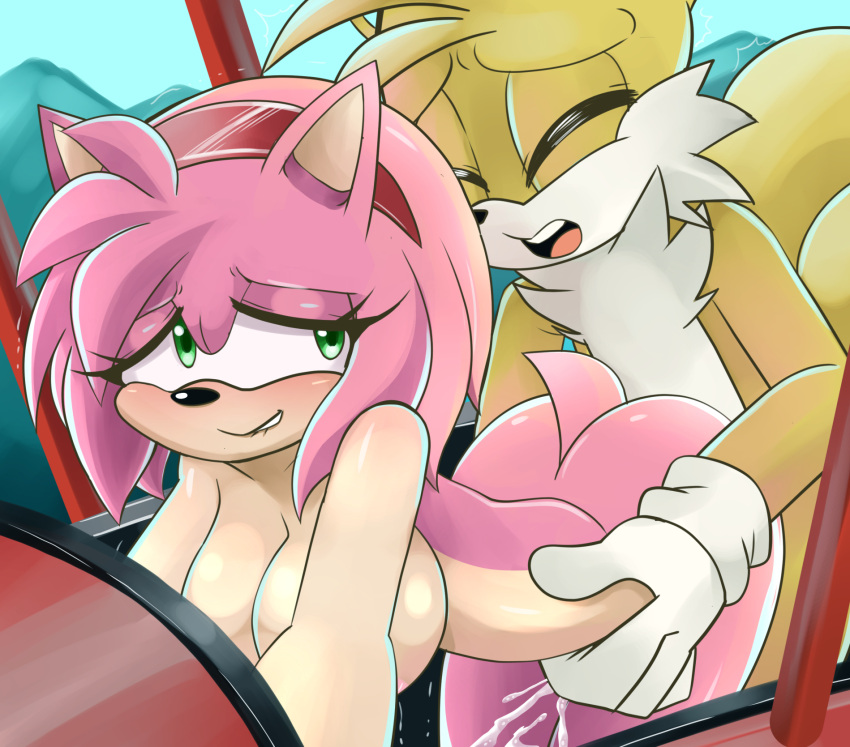 1boy 1girl ambiguous_penetration amy_rose anthro ass breasts cleavage cum cum_inside doggy_position fox furry gokubuttonzee hedgehog miles_"tails"_prower nipple nude plane sega sex sonic_the_hedgehog_(series) tagme