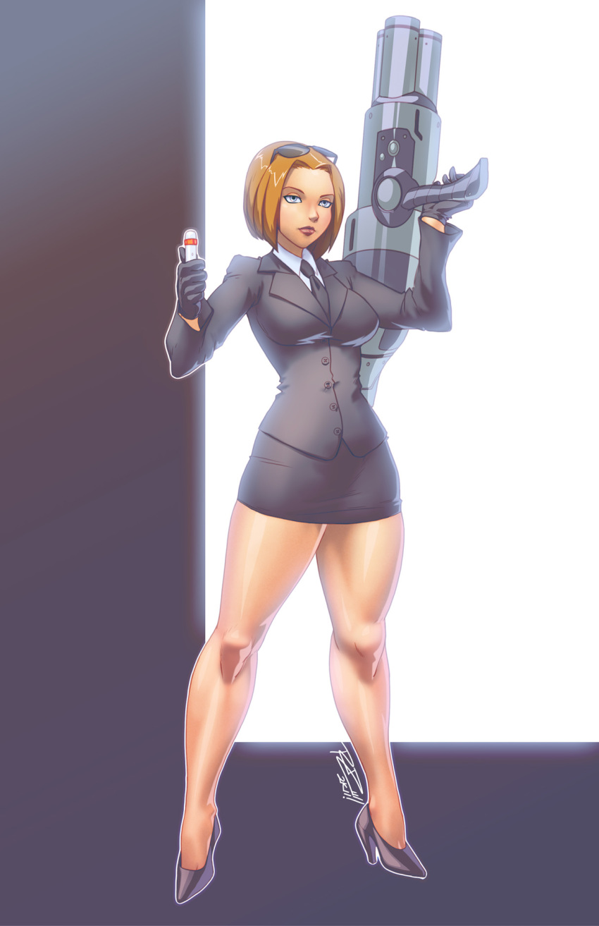 agent_l big_breasts blonde_hair blue_eyes breasts female female_only gun men_in_black robert_porter solo weapon