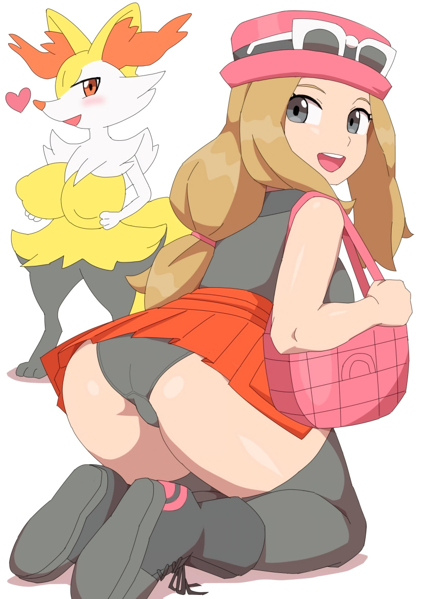 1girl 2_girls anthro ass bag big_ass big_ass big_breasts big_breasts black_panties blonde_hair boots braixen breasts bubble_ass bubble_butt hat huge_ass huge_ass huge_breasts juicy_ass kabeume looking_at_viewer looking_back nintendo nipple_bulge on_knees panties perfect_ass pokemon pokemon_xy red_skirt serena_(pokemon) sexy sexy_ass sexy_body sexy_pose shoes sideboob skirt sneakers standing stockings sunglasses_on_head thick_thighs thighs upskirt