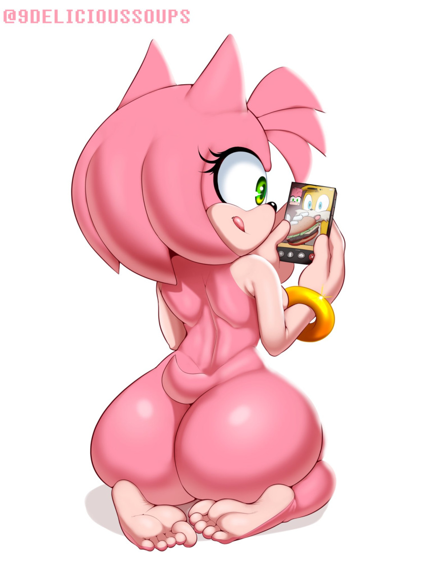 1girl 1girl 1girl amy_rose anthro ass ass back_view big_ass big_ass dat_ass delicioussoup feet female_focus female_only furry green_eyes hedgehog miles_"tails"_prower nude pink_body sega solo_female sonic_the_hedgehog_(series) thick_thighs toes white_background