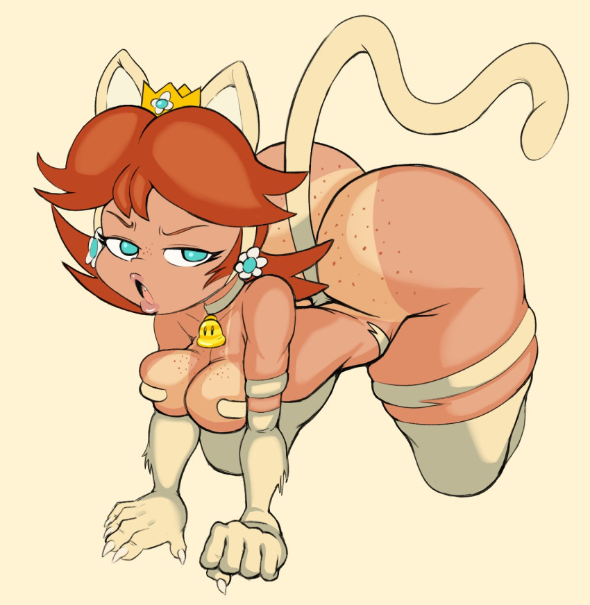 1girl 2023 all_fours animal_ears ass ass_freckles big_ass bimbo blue_eyes breasts brown_hair bubble_butt cat_bell cat_ears cat_girl cat_tail claws crown darkstalkers earrings fangs felicia felicia_(cosplay) felicia_(darkstalkers) felicia_(darkstalkers)_(cosplay) feline female_only freckles freckles_on_ass freckles_on_breasts freckles_on_face fur huge_ass huge_thighs lipstick mario_(series) medium_breasts nintendo open_mouth princess_daisy purple_yoshi_draws seductive seductive_eyes seductive_look sexy sexy_ass sexy_body sexy_breasts shortstack simple_background skindentation smelly_ass solo_female solo_focus super_bell tail tan-skinned_female tan_line tan_skin teeth thick_ass thick_thighs thighs tongue white_background white_fur wide_hips