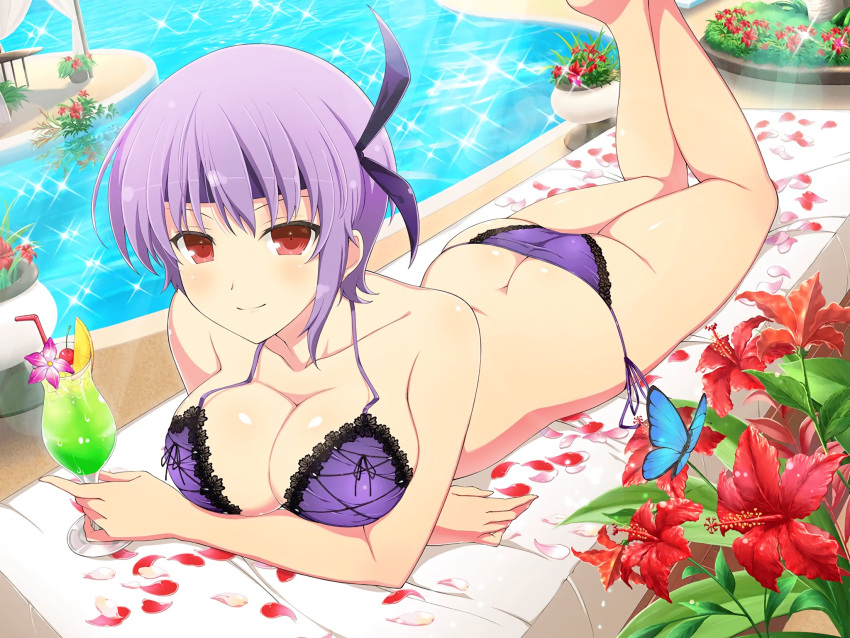 1girl alluring ass ayane ayane_(doa) bangs bare_arms bare_shoulders big_breasts bikini blush breasts bug butt_crack butterfly cleavage cocktail day dead_or_alive dead_or_alive_xtreme drink feet_up flower glint hairband headband high_res holding holding_drink insect kunoichi legs_up looking_at_viewer lying official_art on_stomach outside petals pool poolside purple_bikini purple_hair red_eyes red_flower senran_kagura senran_kagura_new_link short_hair swimsuit tecmo the_pose voluptuous yaegashi_nan