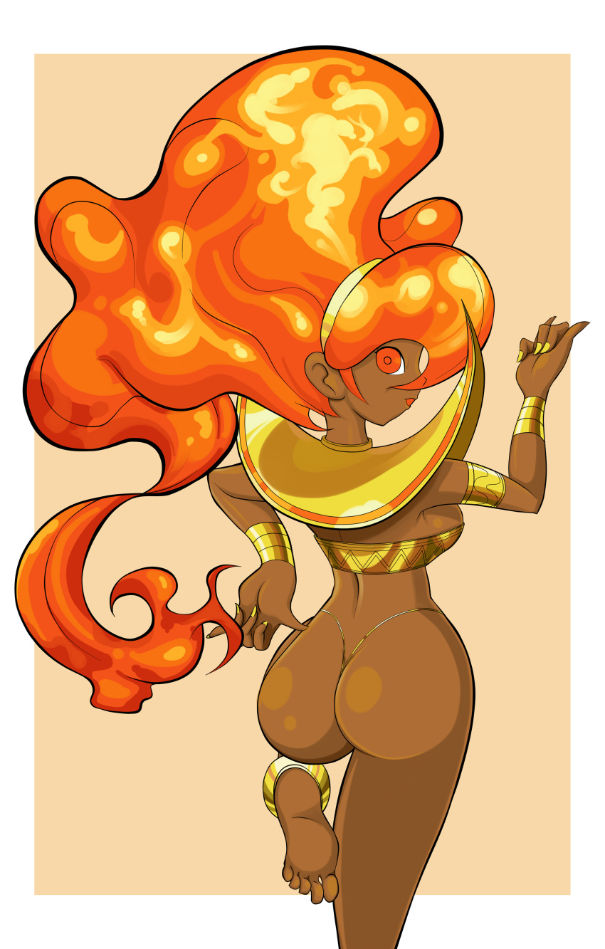 1girl alternate_form ass back barefoot big_breasts braid breasts capcom curvy dark-skinned_female dark_skin female_only fiery_hair fire gypsy highres hips jewelry large_ass legs long_hair looking_back lots_of_jewelry midriff monster_girl pepipopo power_stone red_eyes rouge_(power_stone) round_ass sideboob single_braid solo solo_female thong wide_hips