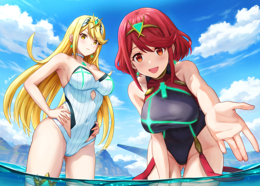 2_girls alluring bangs bare_shoulders big_breasts black_one-piece_swimsuit blonde_hair blush breasts chest_jewel cleavage competition_swimsuit covered_navel earrings high_res highleg highleg_swimsuit jewelry long_hair looking_at_viewer mythra nintendo one-piece_swimsuit open_mouth pyra red_eyes red_hair red_one-piece_swimsuit short_hair shouhei smile striped striped_one-piece_swimsuit swept_bangs swimsuit thighs tiara two-tone_swimsuit vertical-striped_swimsuit vertical_stripes white_one-piece_swimsuit xenoblade_(series) xenoblade_chronicles_2 yellow_eyes