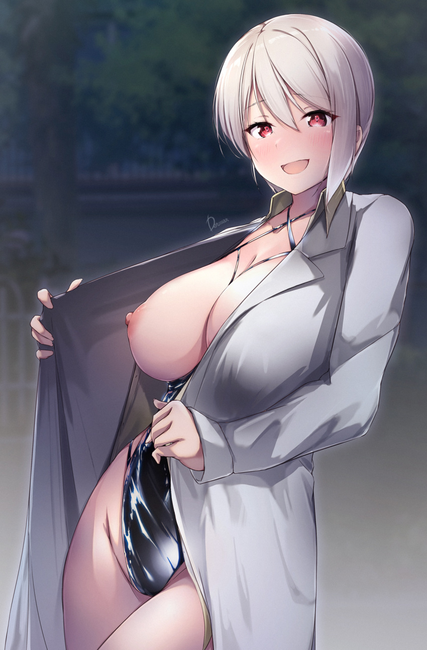 1girl alluring bangs bdsm big_breasts bikini blurry blurry_background blush bondage bound breasts breasts_out_of_clothes coat commentary_request dermar flashing grey_hair hair_between_eyes highres lab_coat labcoat large_breasts leotard leotard_under_clothes long_hair looking_at_viewer magenta_eyes nakiri_alice night nipples open_clothes open_coat open_mouth outdoors public_indecency red_eyes shirt shokugeki_no_souma short_hair signature silver_hair smile solo standing tree white_shirt