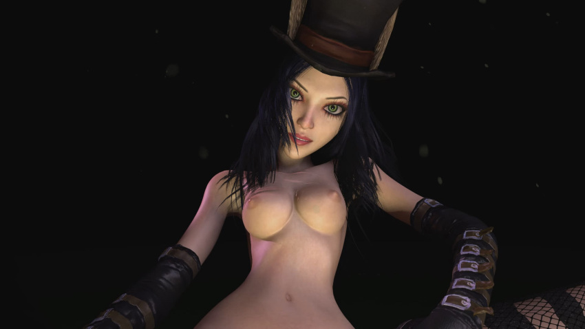 16:9_aspect_ratio 1girl 3d alice:_madness_returns alice_liddell american_mcgee's_alice belly belly_button black_gloves black_hair breasts dark_hair female_focus female_nudity gloves green_eyes hat long_hair looking_at_viewer open_eyes partially_clothed red_lipstick small_breasts solo_focus teen topless
