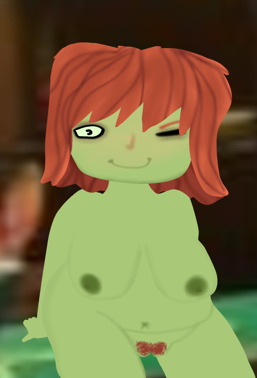 anonymous_artist chubby female_full_frontal_nudity female_nudity green_skin large_breasts psychonauts psychonauts_2 pubic_hair red_hair sam_boole wink winking_at_viewer