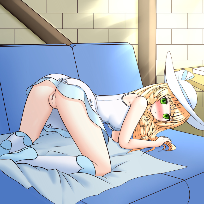 all_fours ass ass_up blanket blush couch full-face_blush lillie lillie_(pokemon) looking_at_viewer looking_back no_panties pokemon pokemon_sm pussy sheet twistedscarlett60