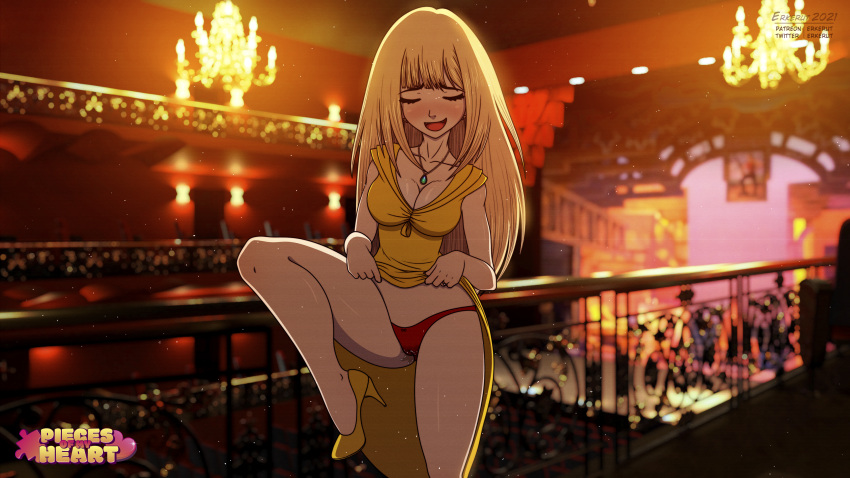 blonde_hair critical_bliss erkerut kinky_fridays large_breasts long_hair pieces_of_my_heart red_eyes red_panties skirt_lifted_by_self smile video_games