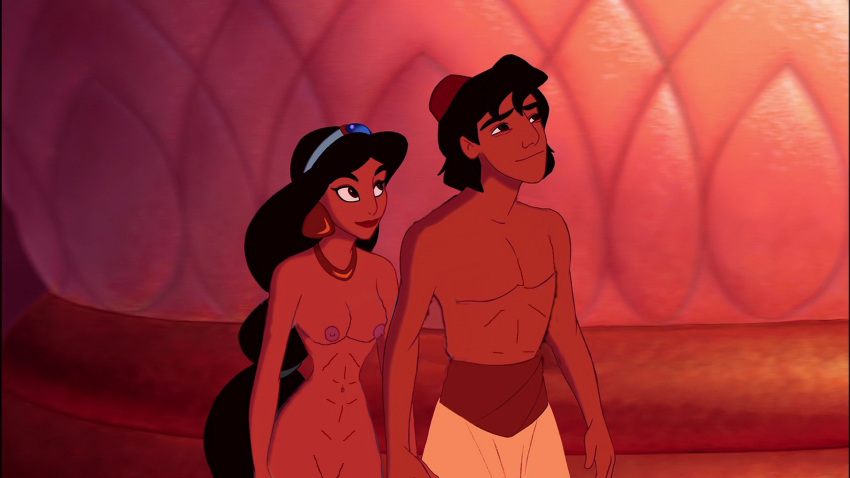1boy 1girl abs aladdin aladdin_(series) alluring attractive_male breasts clothed_male_nude_female disney female_abs female_frontal_nudity female_nudity fit_female handsome_male nipples princess_jasmine shirtless_male voluptuous