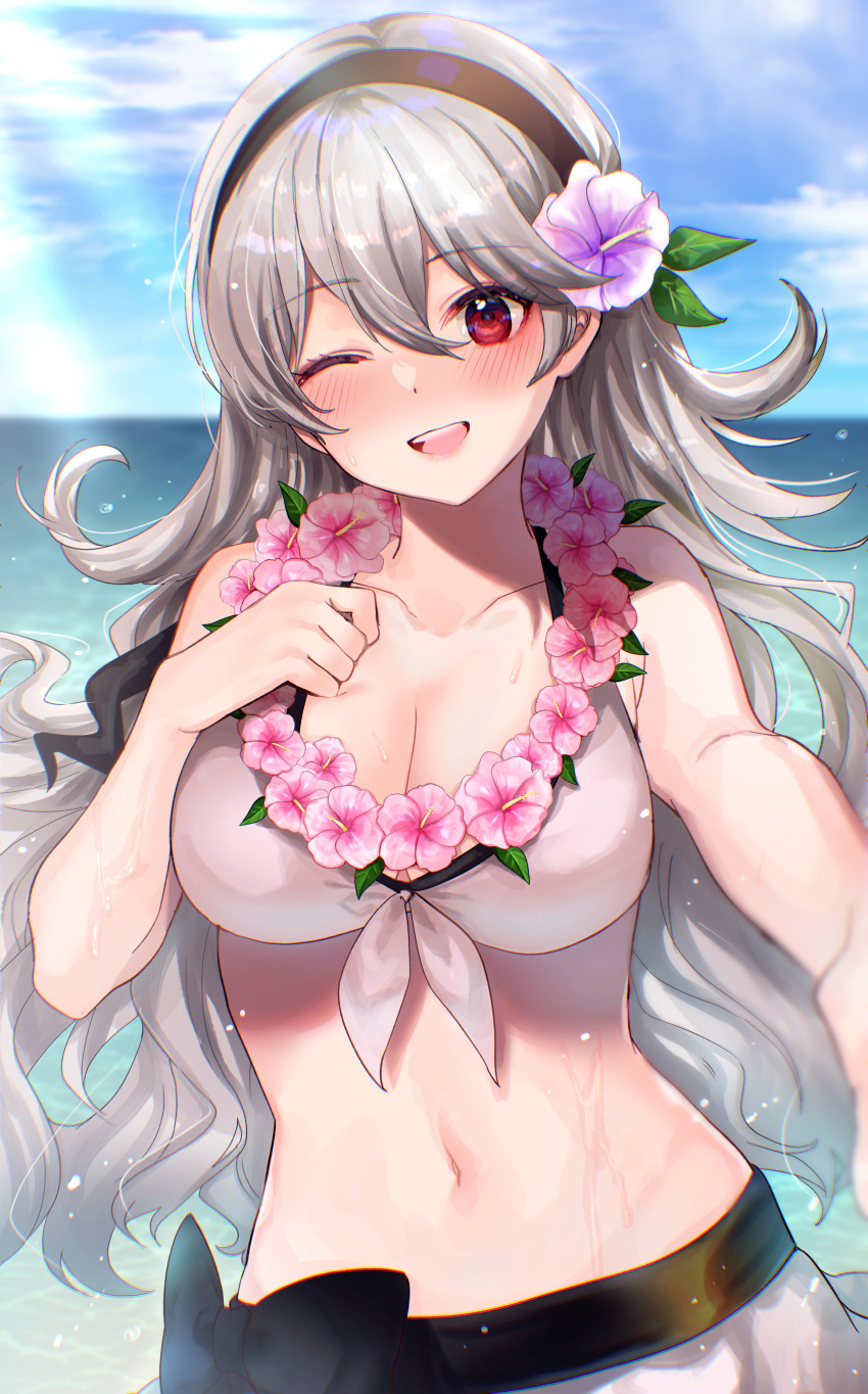 1girl absurd_res alluring alternate_costume asada_sadao bangs beach big_breasts bikini black_hairband blue_sky blush breasts cleavage cloud collarbone commentary corrin_(fire_emblem)_(female) corrin_(summer)_(fire_emblem)_(female) day fire_emblem fire_emblem_fates fire_emblem_heroes flower flower_necklace grey_hair hair_between_eyes hair_flower hair_ornament hairband high_res jewelry long_hair looking_at_viewer necklace nintendo ocean official_alternate_costume one_eye_closed open_mouth outside outstretched_arm pink_flower purple_flower reaching_out red_eyes sky smile stomach sunlight swimsuit teeth upper_body upper_teeth water wavy_hair wet white_bikini white_swimsuit