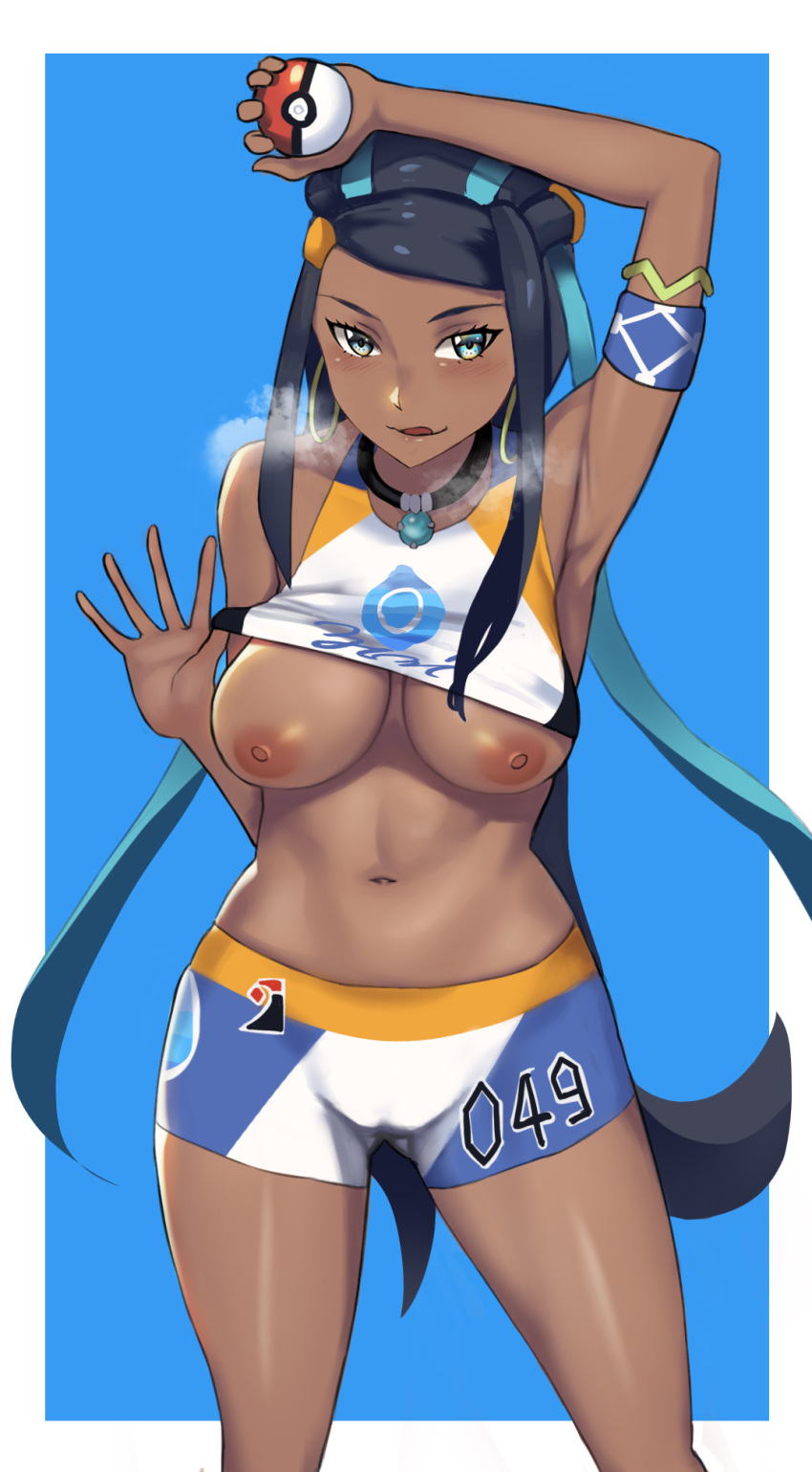 1girl 1girl :p abs alternate_breast_size areola arm_up armpits big_breasts black_hair blue_background blush bracelet breasts breath clothed clothed_female dark-skinned_female dark_skin devilukez earrings eye_contact female_focus gym_leader heavy_breathing high_resolution holding holding_object holding_poke_ball hoop_earrings human inverted_nipples jewelry long_hair looking_at_viewer mature mature_female medium_breasts multicolored_hair navel necklace nessa_(pokemon) nintendo nipples one_arm_up poke_ball pokemon pokemon_ss shirt shirt_lift solo_female solo_focus source_request spats sportswear steam tagme tank_top text thigh_gap tongue tongue_out two-tone_hair video_game_character video_game_franchise white_border