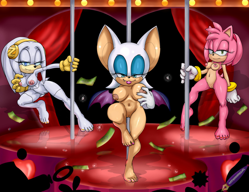 3girls amy_rose animal_ears big_breasts blue_eyes breasts fang furry green_eyes hair long_hair monotreme multiple_girls nude pink_hair pussy rouge_the_bat short_hair smile sonic_(series) stripper_pole tail white_hair wings zeta_the_echidna
