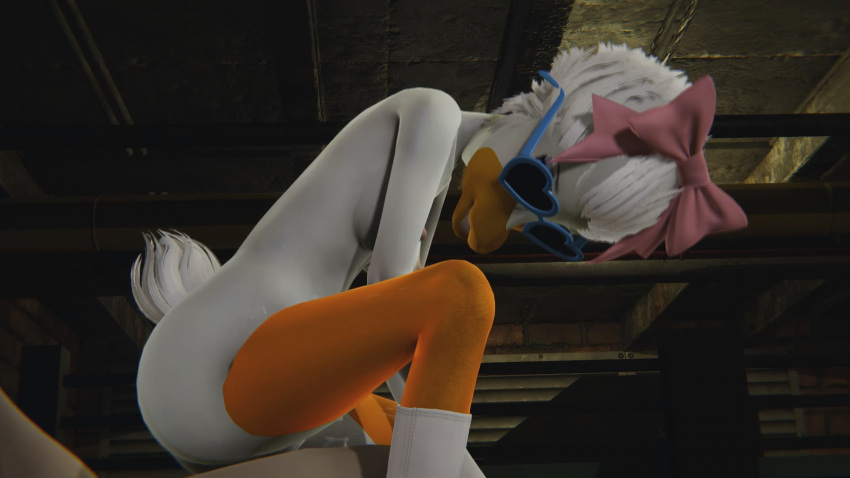 16:9_aspect_ratio 1boy 1girl 3d animal_tail basement breasts daisy_duck disney duck hair_ribbon looking_at_partner medium_breasts open_mouth orange_legs pink_ribbon reverse_cowgirl_position ribbon sex short_hair sunglasses sunglasses_on_head tail white_skin