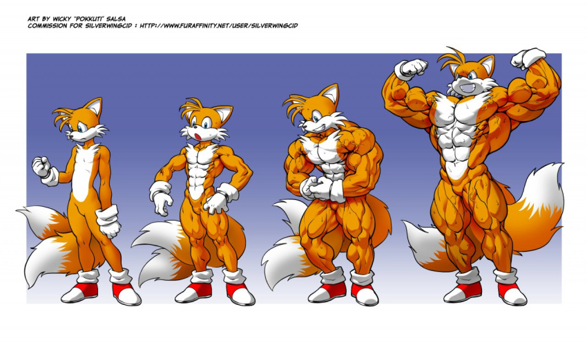 2013 abs anthro biceps bodybuilder canine flexing fox male male_only miles_"tails"_prower multiple_tails muscle muscle_growth muscles no_humans pecs pokkuti sad sega shoes smile solo sonic_*(series) sonic_the_hedgehog_(series) vein