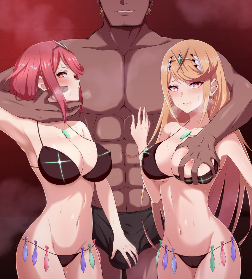 1boy 2_girls abs alluring bangs bare_shoulders big_breasts bikini black_bikini blonde_hair blush breast_grab breasts cleavage commentary_request condom condom_belt dark-skinned_male dark_skin earrings erection erection_under_clothes eruu grabbing grin high_res interracial jewelry long_hair male male/female multiple_girls muscle mythra netorare nintendo nipples one_breast_out out_of_frame pyra red_hair short_hair sidelocks smile standing stomach sweat swept_bangs swimsuit tiara underwear used_condom video_game_character video_game_franchise xenoblade_(series) xenoblade_chronicles_2