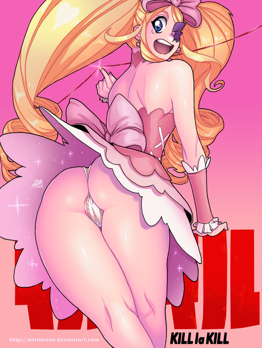 1girl ass big_hair blonde_hair blue_eyes bow cameltoe clothes darkereve darwin_nunez dress drill_hair earrings eyepatch female female_only hair_bow happy harime_nui highres hips jewelry kill_la_kill large_ass life_fiber long_hair looking_at_viewer looking_back panties pink_bow pussy round_ass slut smile solo solo_female strapless strapless_dress text twin_drills twin_tails underwear upskirt whore wide_hips wrist_cuffs