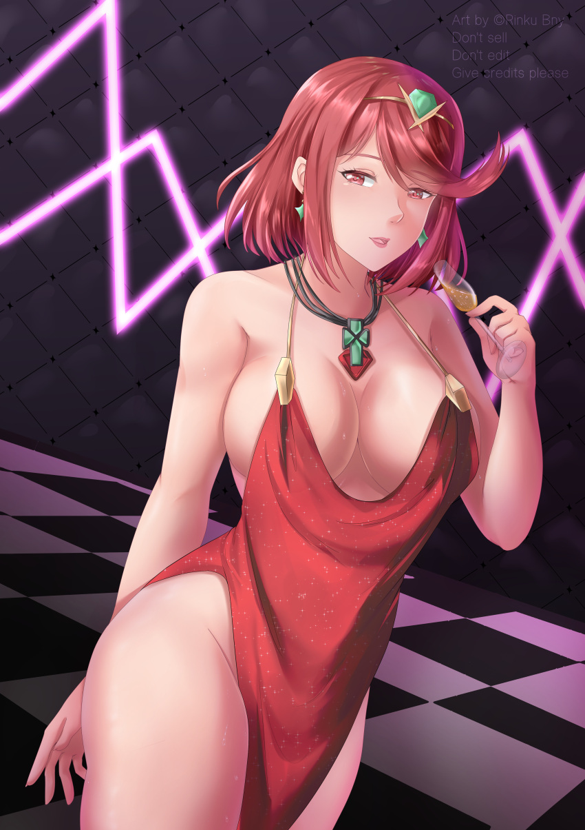1girl 2021 alluring bangs barely_clothed big_breasts breasts champagne champagne_glass cleavage cleavage_dress clothed clothed_female dress earrings female_focus female_only hair_ornament high_res hips holding_object indoors jewelry looking_at_viewer necklace nightclub nintendo no_underwear pyra red_dress red_eyes red_hair revealing_clothes rinku_bny short_hair slim_waist solo_female solo_focus swept_bangs thick_thighs thighs tiara video_game_character video_game_franchise wide_hips xenoblade_(series) xenoblade_chronicles_2