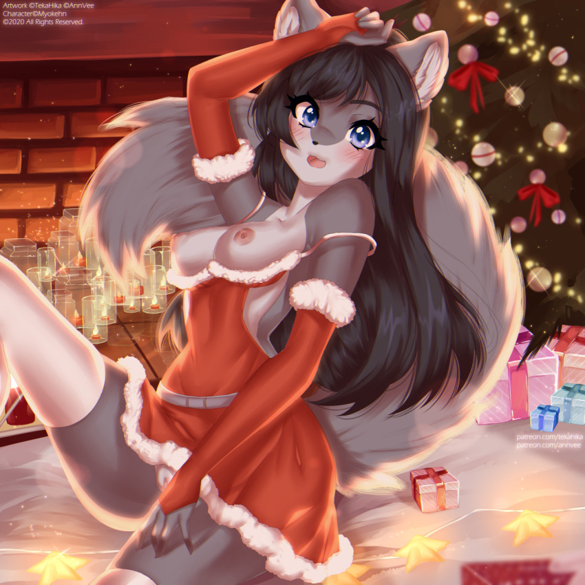 1:1 1girl anthro blue_eyes blush bow_(ribbon) breasts candle canid canine canis christmas christmas_clothing christmas_decorations christmas_present christmas_tree clothed clothing collaboration countershade_face countershade_torso countershading digital_media_(artwork) dress english_text eyelashes fluffy_tail footwear fur genitals grey_body grey_countershading grey_fur grey_hair hair hand_on_head hand_on_leg hand_on_thigh high_res holidays inside iris_weston legwear long_hair looking_at_viewer mammal nipples no_underwear off_shoulder open_mouth original pink_nipples plant portrait pussy red_clothing red_dress shaded sitting socks stockings tekahika text thigh_socks three-quarter_portrait tree upskirt url white_clothing white_footwear white_legwear white_socks white_thigh_highs wolf