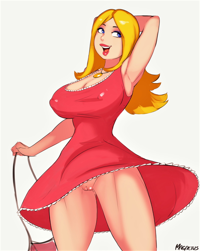 american_dad big_breasts bottomless erect_nipples_under_clothes francine_smith no_panties red_dress shaved_pussy thighs