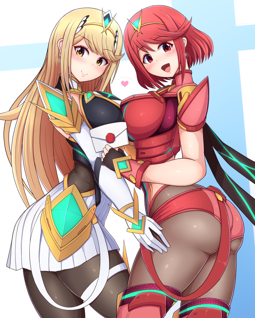 1girl 1girl 1girl armor ass big_ass big_breasts blonde_hair bob_cut breasts clothed clothed_female earrings envelope female_focus female_only gloves headpiece heart high_res invitation jewelry letter long_hair looking_at_viewer mythra nintendo ponpo pyra red_eyes red_hair short_hair smile solo_female solo_focus stockings super_smash_bros. thick_thighs thigh_strap video_game_character video_game_franchise xenoblade_(series) xenoblade_chronicles_2 yellow_eyes