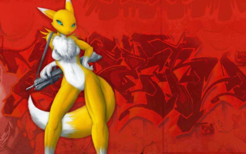 1920x1200 1_anthro 1_female 1_female_anthro 1girl 3_fingers anthro anthro_canine anthro_fox anthro_vixen assault_rifle background breasts canine cyan_eyes darkdoomer digimon featureless_crotch female female_anthro female_anthro_fox female_only female_renamon fox front_view fur furry graffiti gun looking_at_viewer nude painting red remix renamon rifle slit_pupils smile solo spread_legs standing tail toei_animation urban very_high_resolution vixen wallpaper weapon white_fur yellow_fur yin_yang