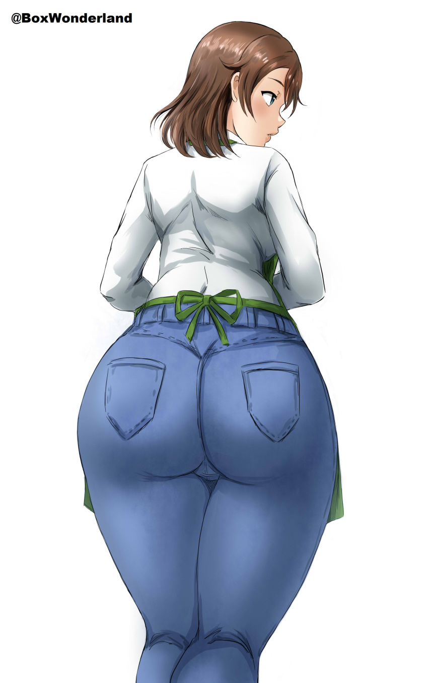 1girl 1girl 2021 artist_name ass ass_focus big_ass big_breasts blue_jeans box_wonderland breasts brown_hair clothed_female dat_ass female_focus female_only jeans kousaka_honoka's_mother looking_away love_live! mature mature_female milf milf pants shirt short_hair simple_background solo_female solo_focus standing tight_jeans tight_pants white_background white_shirt