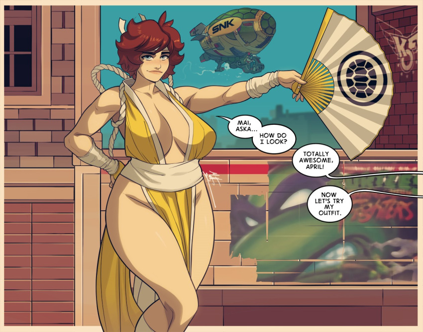 alternate_version_available april_o'neil april_o'neil_(tmnt_1987) aska big_breasts blimp breasts commission donatello fatal_fury king_of_fighters logo looking_at_viewer mai_shiranui mai_shiranui_(cosplay) offscreen_character paper_fan snk teenage_mutant_ninja_turtles teenage_mutant_ninja_turtles_tournament_fighters terry_bogard triplexmile