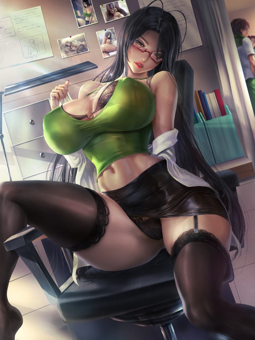 1girl black_hair curvaceous curvy glasses green_eyes hasegawa_chisato huge_breasts human lexaiduer long_hair looking_at_viewer naughty_face realistic shinmai_maou_no_testament thick_thighs very_high_resolution