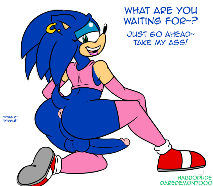 anthro anus ass blue_hair daredemon7000 ear_piercing english_text erection girly green_eyes habbodude hair hedgehog inviting looking_at_viewer looking_back male penis piercing seductive sega smile solo sonic_(series) sonic_the_hedgehog testicles text