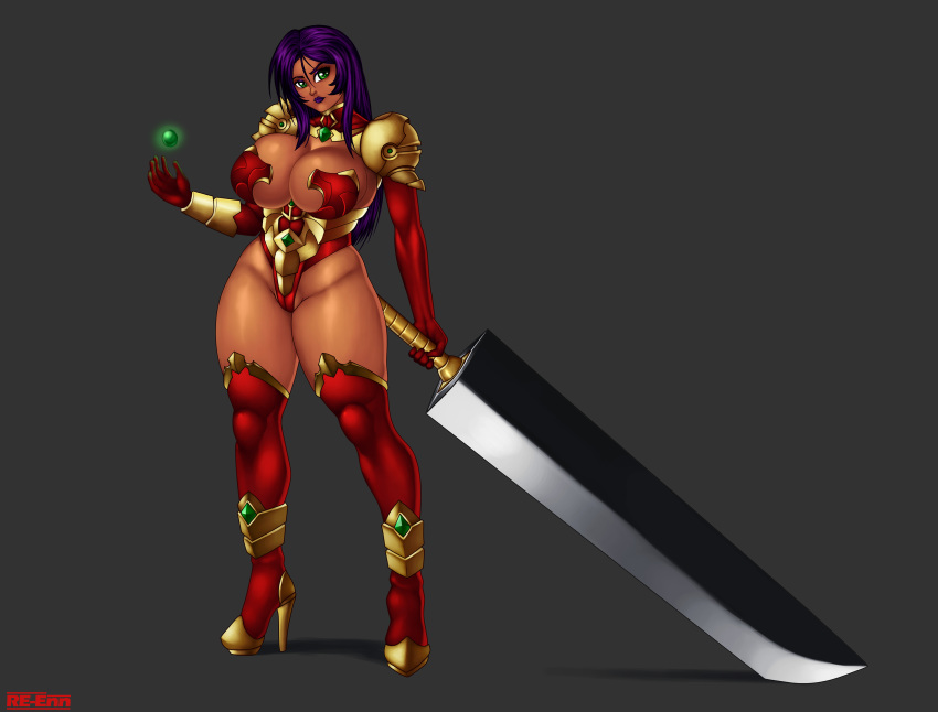 armor big_breasts breasts cleavage eve_(re-enn) female gem green_eyes leotard purple_hair re-enn solo sword weapon