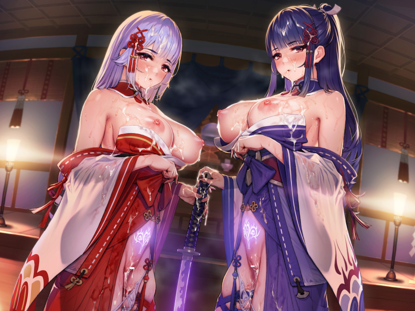 1girl 2_girls 4:3_aspect_ratio areola bangs blue_hair blunt_bangs blurry blurry_background blush breasts breasts_out_of_clothes censored censored_vagina cleavage closed_mouth clothing contrapposto cowboy_shot crotchless crotchless_panties depth_of_field detached_collar dress dutch_angle eyebrows_visible_through_hair eyeliner fisheye hair_ornament headdress headwear heavy_breathing high_resolution holding_weapon huge_breasts in_profile indoors katana leg_ribbon light_purple_hair lips long_hair looking_at_viewer makeup multiple_girls navel nipples nontraditional_miko nun obi ogre_(illustogre) ogre_craft original panties ponytail pubic_tattoo purple_hair pussy red_eyes revealing_clothes ribbon ribbon_trim sash see-through_silhouette see-through_sleeves sidelocks skindentation stockings string_panties sweat sword tassel tassel_hair_ornament tattoo thigh_ribbon thighs tied_hair underwear wafuku weapon white_hair x_hair_ornament