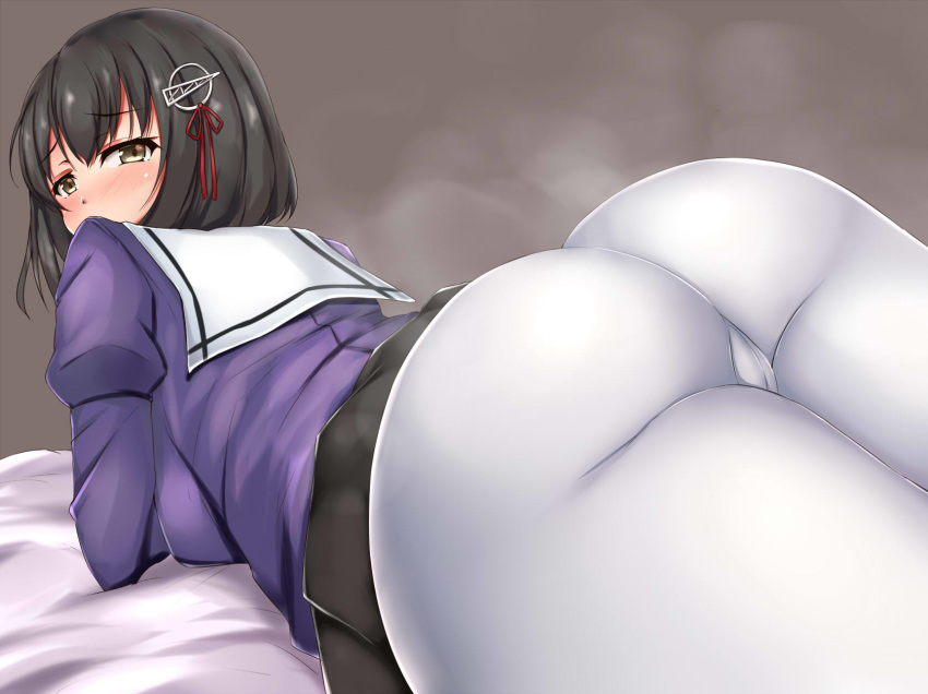 1_girl 1girl ass blush clothed female female_only haguro_(kantai_collection) kantai_collection looking_at_viewer lying pantyhose short_hair skirt solo terakoya upskirt