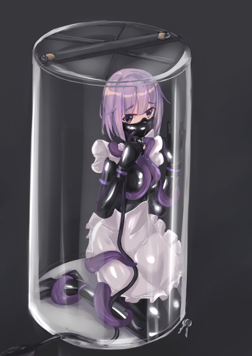 breathplay container face_mask girl_in_a_box hand_on_glass keys latex maid_outfit maid_uniform padlock pipelining purple_eyes purple_hair ruffles shiro sunny tears tentacle trapped tubes