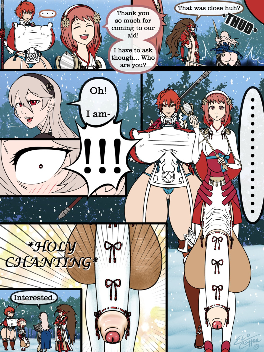 1girl 3_girls alternate_breast_size alternative_bust_size ass balls big_ass bimbo bitch blue_panties breasts chibi clothed clothing cock_sleeve comic confused corrin_(fire_emblem) corrin_(fire_emblem)_(female) dialogue english_text erect_nipples_under_clothes erocoffee fire_emblem fire_emblem_fates foreskin futanari gigantic_areola gigantic_ass gigantic_balls gigantic_breasts gigantic_nipples gigantic_penis happy hinoka_(fire_emblem) horny huge_breasts human hyper hyper_ass hyper_balls hyper_breasts hyper_penis hyper_testicles imminent_sex japanese_armor long_nipples long_penis love milf nintendo pale_skin panels partially_clothed penis penis_awe red_eyes ryoma_(fire_emblem) sakura_(fire_emblem) skimpy slut small_but_hung snow speech_bubble staff text thick_thighs unconvincing_armor whore winter