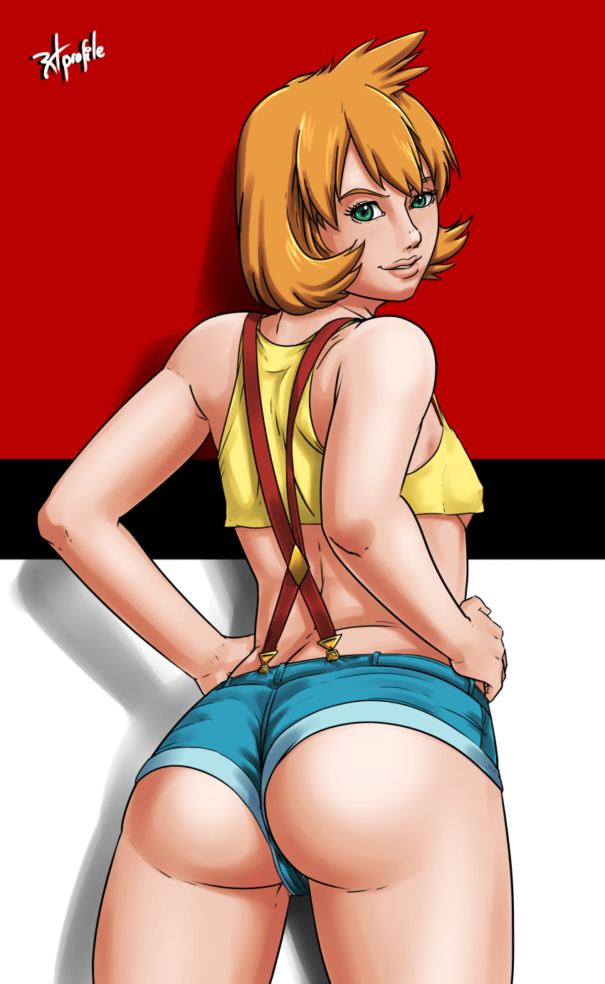1girl absurdres alluring alternate_hairstyle ass back breasts covered_nipples dengeki!_pikachu denim denim_shorts erect_nipples eyebrows eyelashes female_only from_behind green_eyes gym_leader hands_on_hips highres hips kasumi_(pokemon) large_ass legs lips looking_back misty nintendo no_bra older orange_hair pokemon pokemon_(game) pokemon_gsc pokemon_rgby radprofile_(artist) ramiro_de_la_cruz round_ass shirt short short_hair short_shorts shorts sideboob small_breasts smile solo suspenders underboob