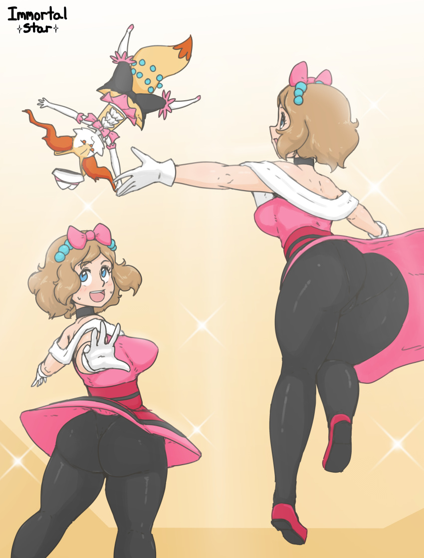 1girl 1girl absurd_res ass bare_shoulders blue_eyes bow braixen breasts brown_hair cameltoe choker dat_ass female_only hairbow high_res immortalstar looking_at_another nintendo panties pantyhose pokemon pokemon_(anime) pokemon_xy serena_(pokemon) short_hair showcase_outfit sideboob skirt upskirt