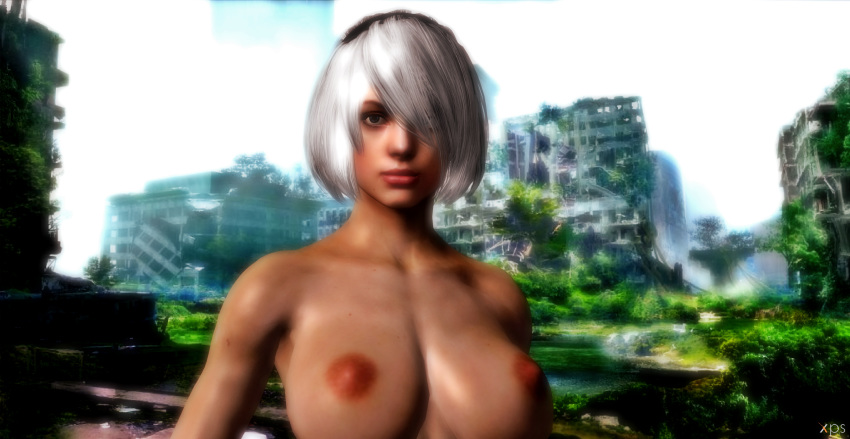 1girl 3d android areola big_breasts black_hairband blue_eyes bridge brown_nipples buildings bushes city city_background close-up cosplay cosplayer crossover erect_nipples eye_contact eyebrows eyebrows_visible_through_hair eyelashes eyeliner eyes eyes_visible_through_hair eyeshadow female_human female_only games headband headwear human human_only jill_valentine lips lipstick looking_at_viewer mouth nier nier:_automata nier_(character) nier_(series) nude nude_female outside pale-skinned_female pink_lipstick posing render resident_evil resident_evil_5 river roots ruins short_hair silver_hair solo_female trees unmasked video_games water white_hair xnalara xps yorha_2b_(cosplay) yorha_no._2_type_b